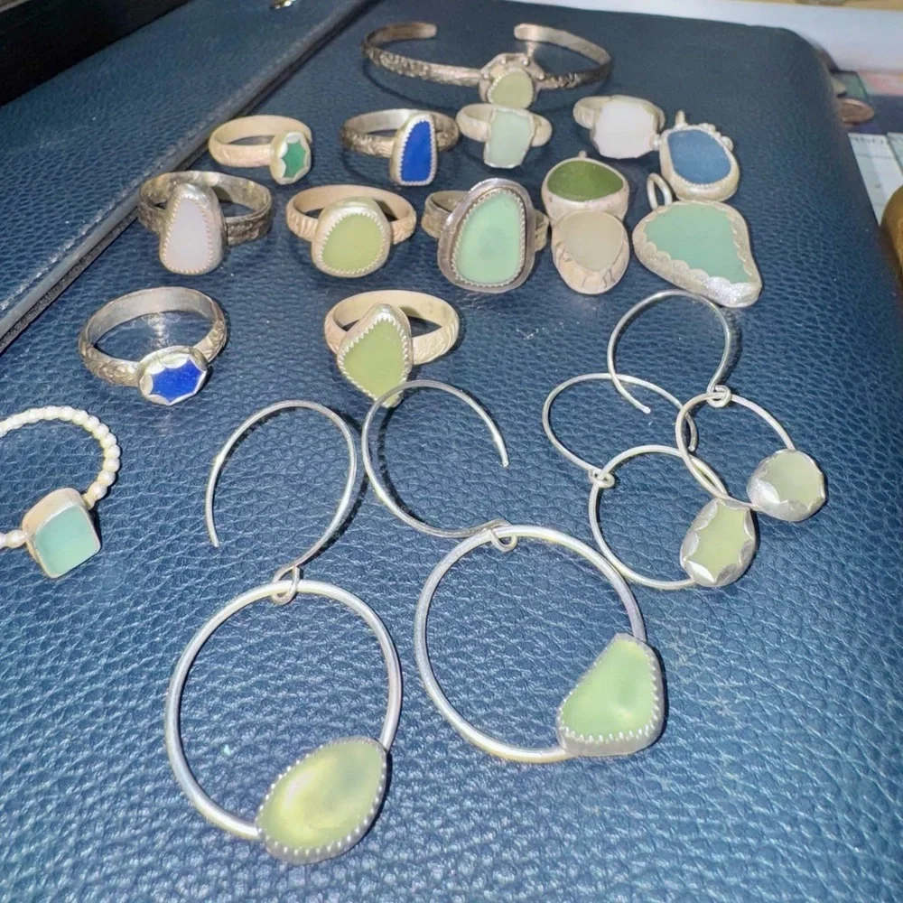 Teal blue green sea glass natural tumbled floral sterling & fine silver - Picture 2 of 5